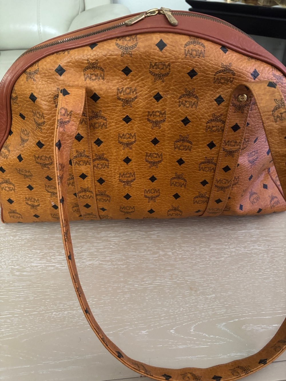 MCM Cognac Visetos Dome Shoulder travel Bag with Black Logo Print